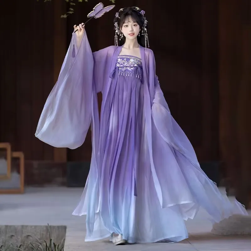 Plus Size 10XL Hanfu-Kleid für Frauen, 130 kg, altes chinesisches Hanfu-Cosplay-Kostüm, Vintage-Kleid in Rosa und Lila, besticktes Hanfu-Kleid