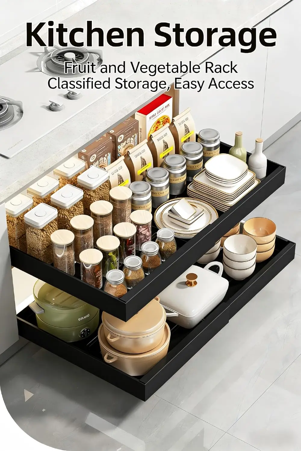 1/2-teiliger ausziehbarer Küchenschrank-Organizer, 32–52 cm, verstellbare Breite, werkzeuglose, bohrfreie Installation, leises Gleiten für Töpfe und Geschirr