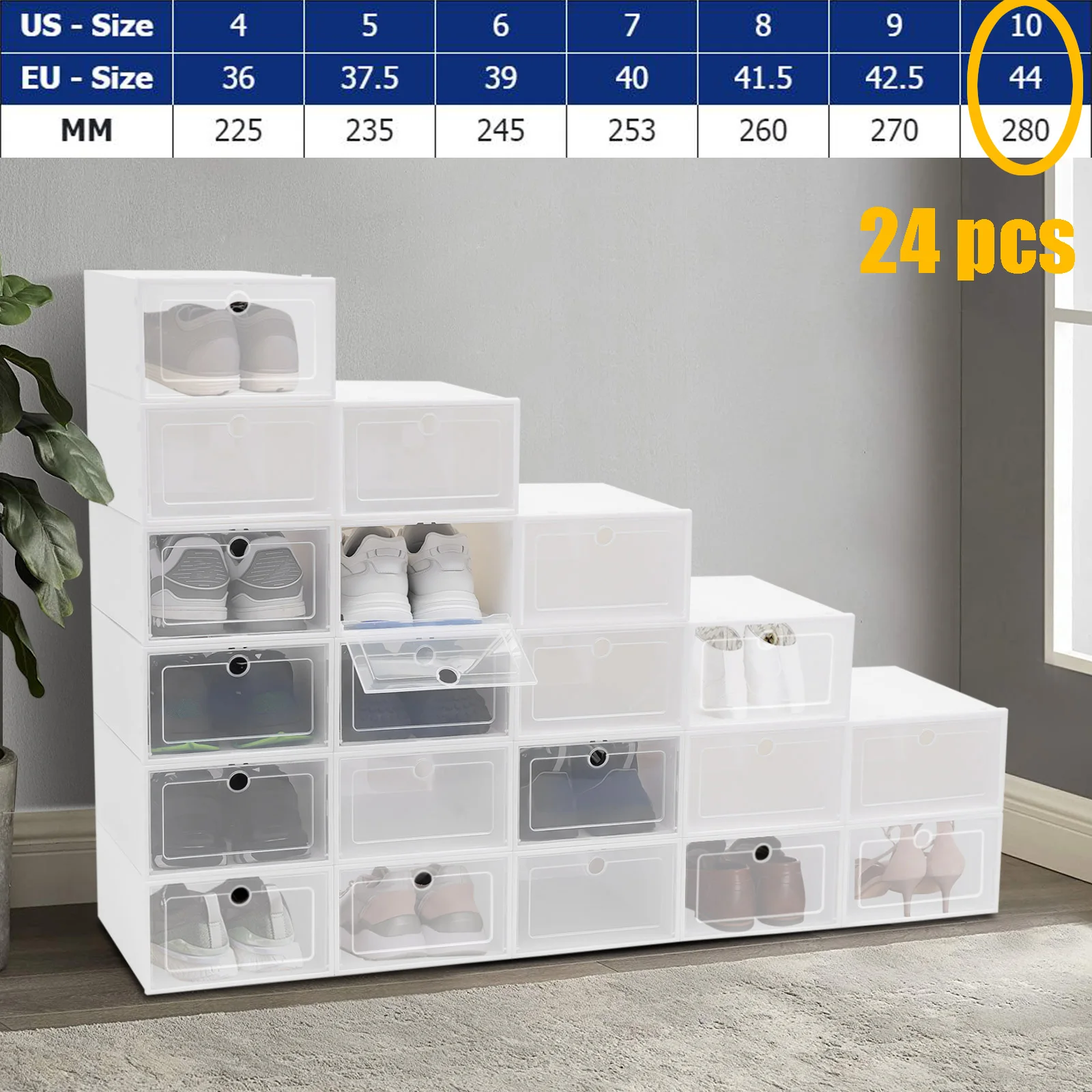 24 teile/satz Transparent Kunststoff Schuh Fall Große Verdickte Schuh Box Stapelbar Organizer Schublade Schuh Rack Weiß