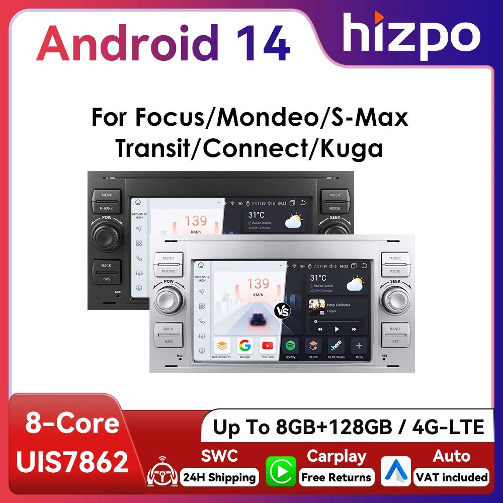HIZPO 2Din 7 Zoll Android Auto Autoradio für Ford Focus 2 Mondeo S/C Max Kuga Fiesta Fusion GPS Navigation RDS DSP UI7862 CarPlay Image
