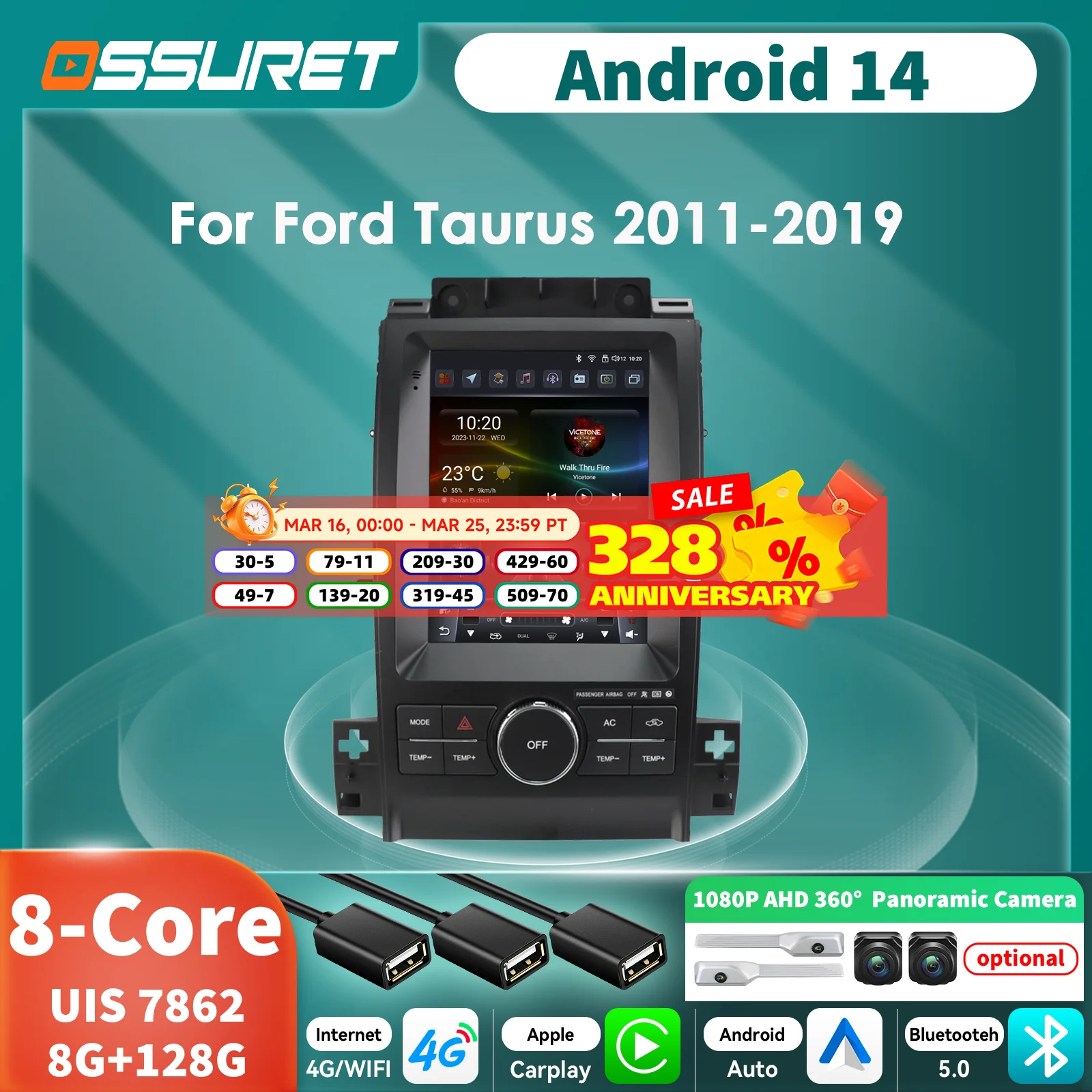 9,7-Zoll-Carplay-Android-14-Autoradio für Ford Taurus 2011-2019, Multimedia-Videoplayer, GPS-Stereoanlage, 360-Grad-Kamera, Lenkradfernbedienung, RDS, Bluetooth Image