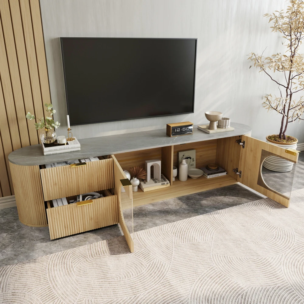 172*38*45,5 cm TV-Schrank in Holzoptik, Schranktüren mit vertikalen 3D-Streifen, ovale Glasvitrine, TV-Ständer für das Wohnzimmer