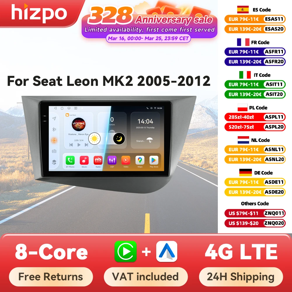 Hizpo 6115 AI Stimme Auto Radio Für Seat Leon 2 MK2 2005-2012 4G Multimedia GPS 2din Stereo drahtlose CarPlay Android Auto Navi Image