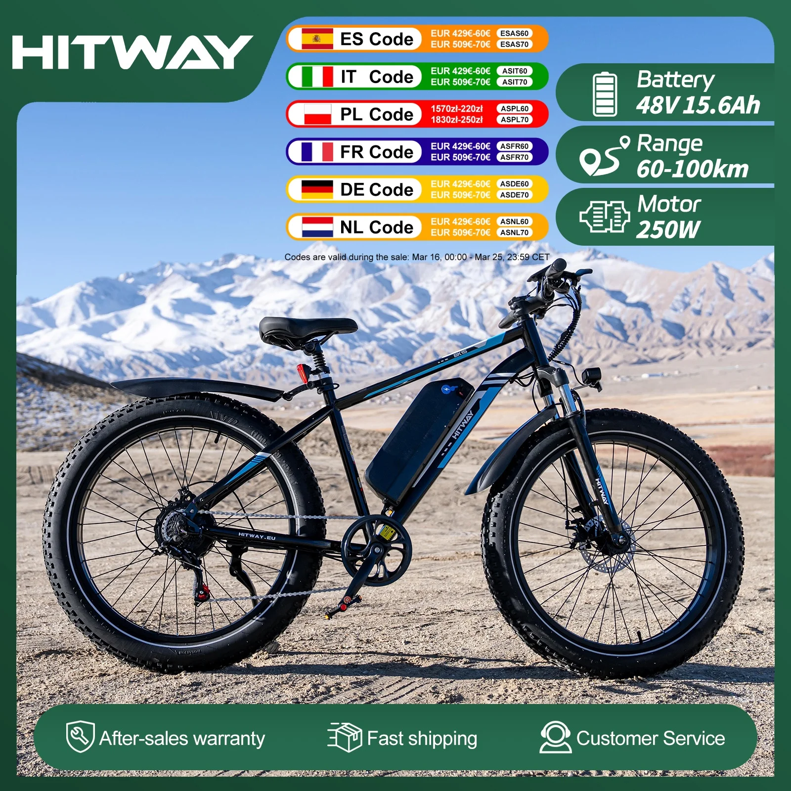 HITWAY E-Bike 26-Zoll-Elektro-Mountainbike mit 250-Watt-Motor, abnehmbarer 48-Volt-15,6-Ah-Batterie, Reichweite von 60 bis 120 KM. Image