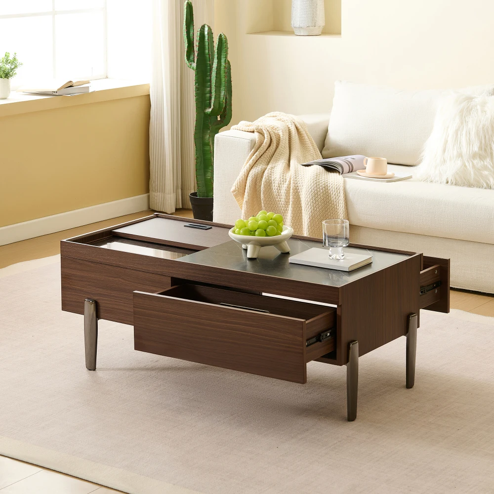 105×50×41,5cm Moderner Couchtisch mit Schubladen und Glasplatte, Holzschnitzerei in Marmoroptik, Metallbeine, Sofatisch für Wohnzimmer Image