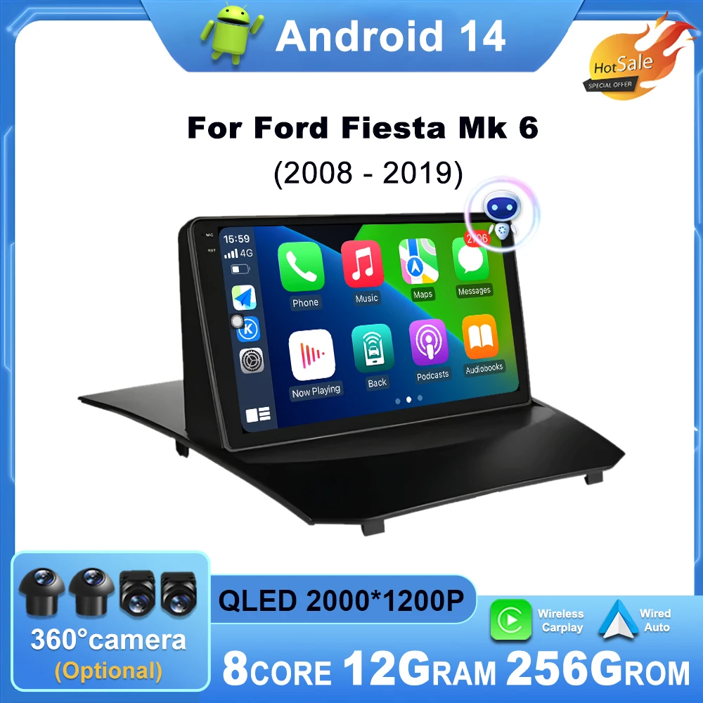 Android OS Kabelloses Carplay für Ford Fiesta Mk 6 2008 - 2019 Autoradio Multimedia-Player Haupteinheit GPS-Navigation DSP Stereo 9 Zoll Image