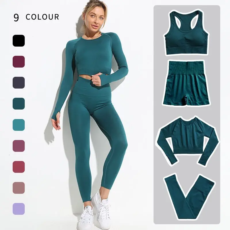 Ensemble de 2/3/4 pièces de Yoga sans couture pour femmes, vêtements de sport d'entraînement, de gymnastique, de Fitness, haut court à manches longues, Leggings taille haute, combinaison de sport 2021