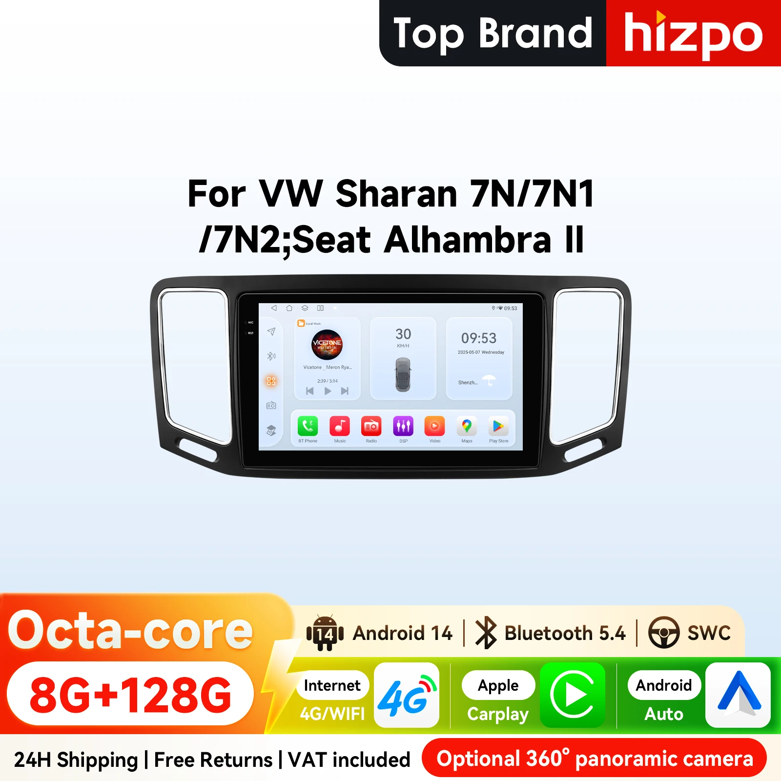 9" Hizpo Android Auto Autoradio für Volkswagen Sharan 7N 7N1 7N2 Seat Alhambra ll 2010 - 2021 4G BT CarPlay GPS RDS DSP 360 ° CAM Image