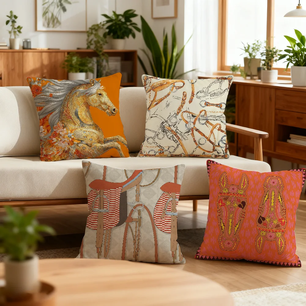 Orangefarbener Kissenbezug im Reitsport-Stil, Dekoration für Zimmer, Geschäft, Auto, bestes Zuhause, Büro, Kaffee, Kissen, Sofa, Druck, nordische Einfachheit Image