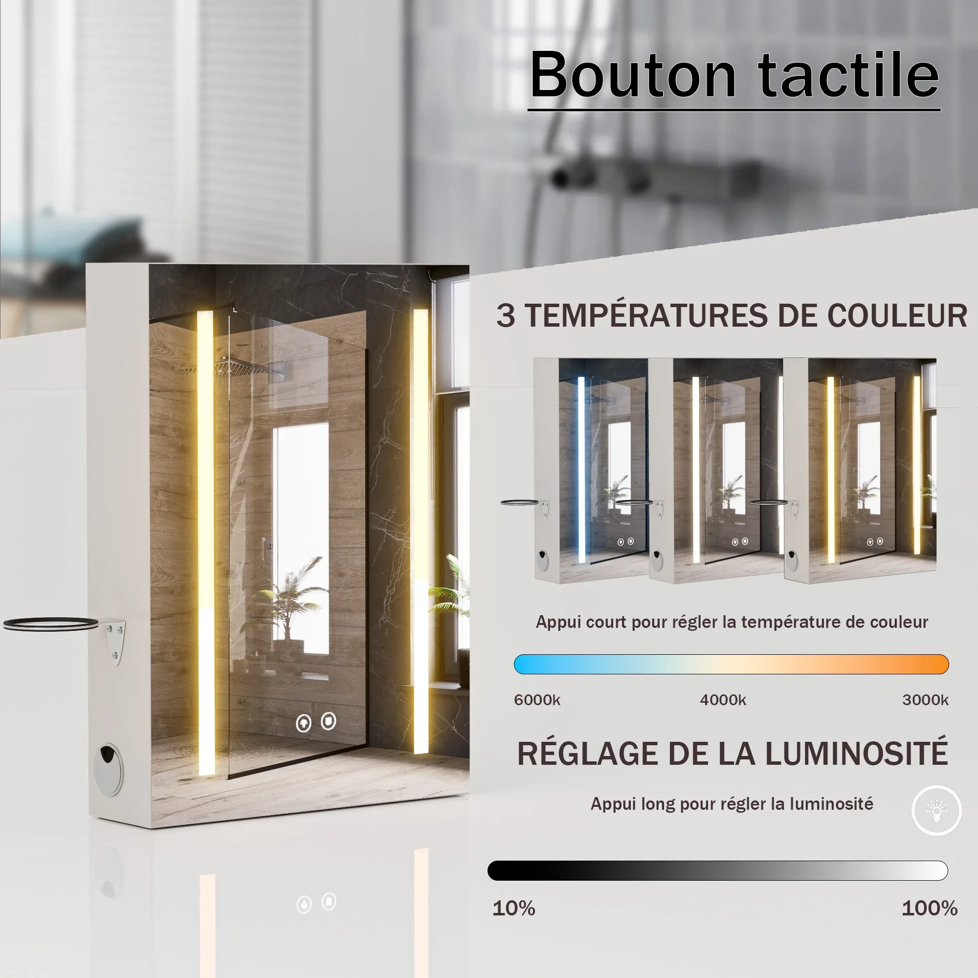3-Farben-Modus-Dimmer, LED-Badezimmerspiegelschrank, Wandschrank, Badezimmer-Medizinschrank mit verstellbarem Regal, Defogger-Speicher