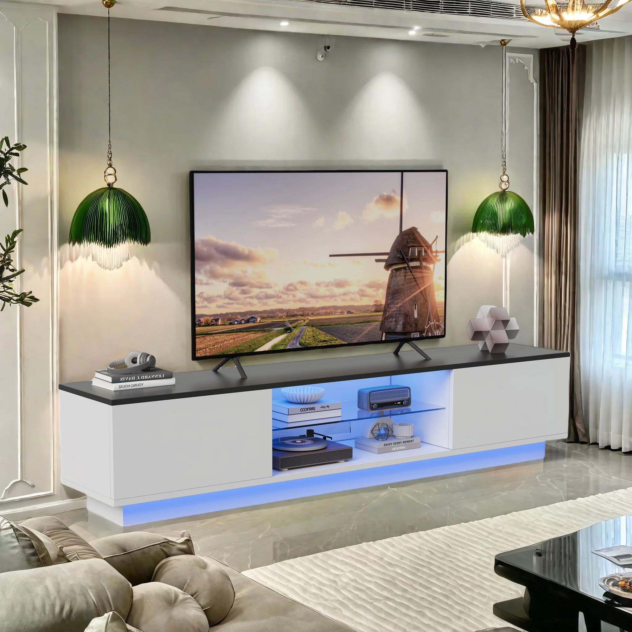 Wohnwand Weiß Full Hochglanz TV Lowboard 160 cm Hängeschrank TV Board Hängend Schrank Fernsehschrank TV Bank Wohnzimmer Möbel Image