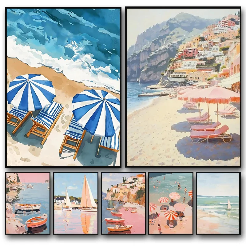 Retro Amalfi Küste Strand Segeln Kunst Poster Leinwand Druck Ölgemälde Wohnzimmer Rosa Mädchen Meer Zimmer Dekoration