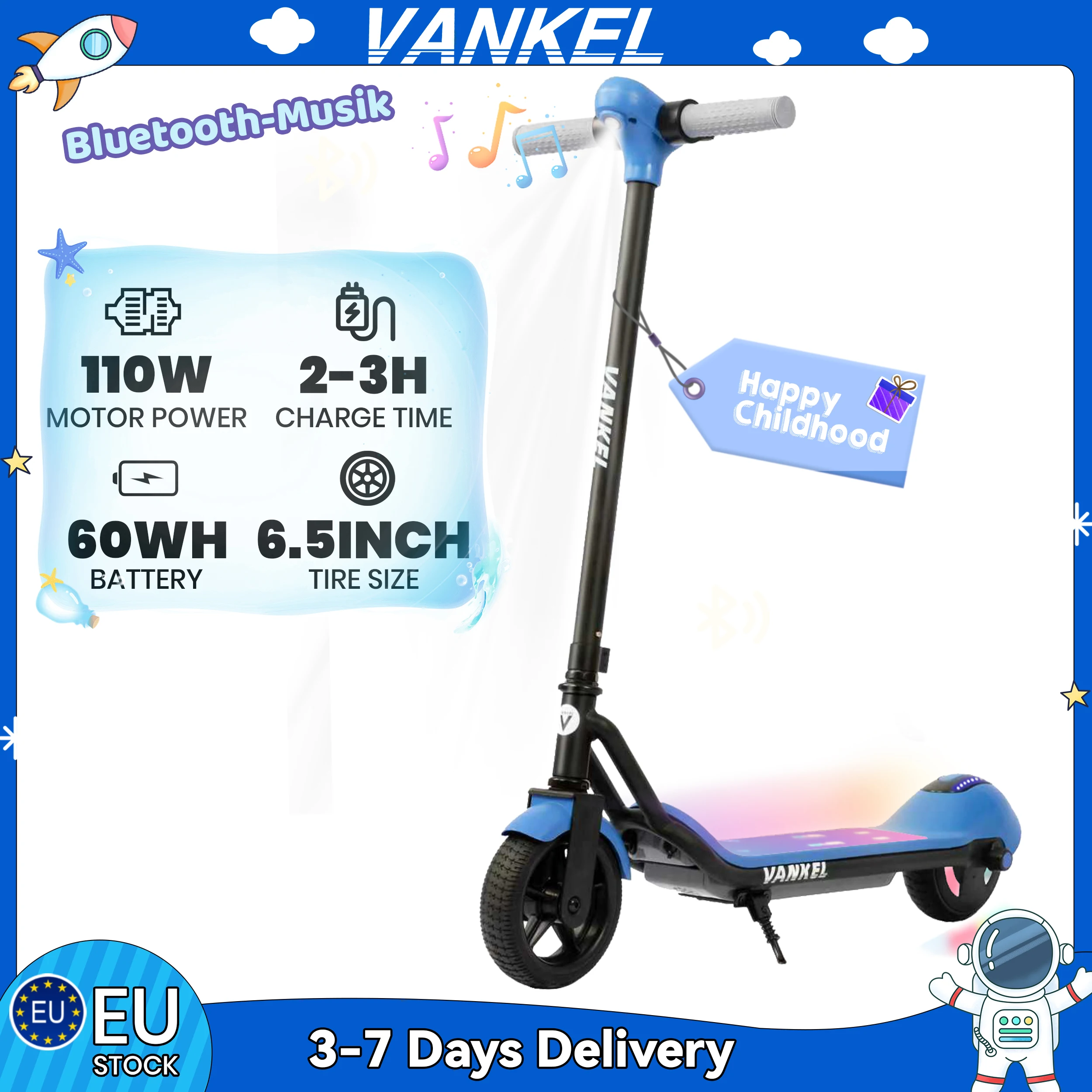 Vankel 6,5-Zoll-Elektroroller für Kinder für Jungen und Mädchen mit Bluetooth-Regenbogenlichtern, 8–10 km Reichweite, LCD-Display, Kinderroller Image