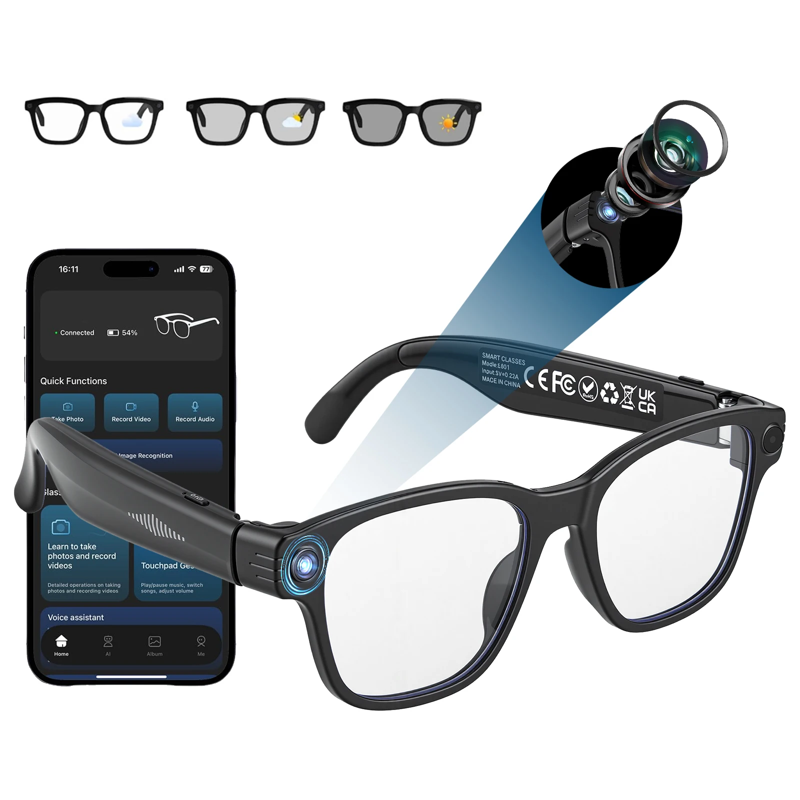 KI-Smart-Brille mit 4K HD-Kamera 8MP Fotografie Videoaufnahme Echtzeit-GPT Objekterkennung Photochrome Gläser Image