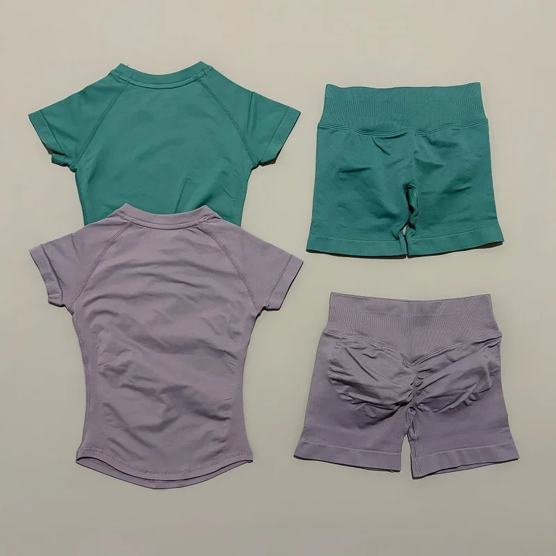 Ensembles de sport 2 pièces pour femmes, haut de yoga sans couture à manches courtes et short de course taille haute, tenue de sport pour la salle de gym