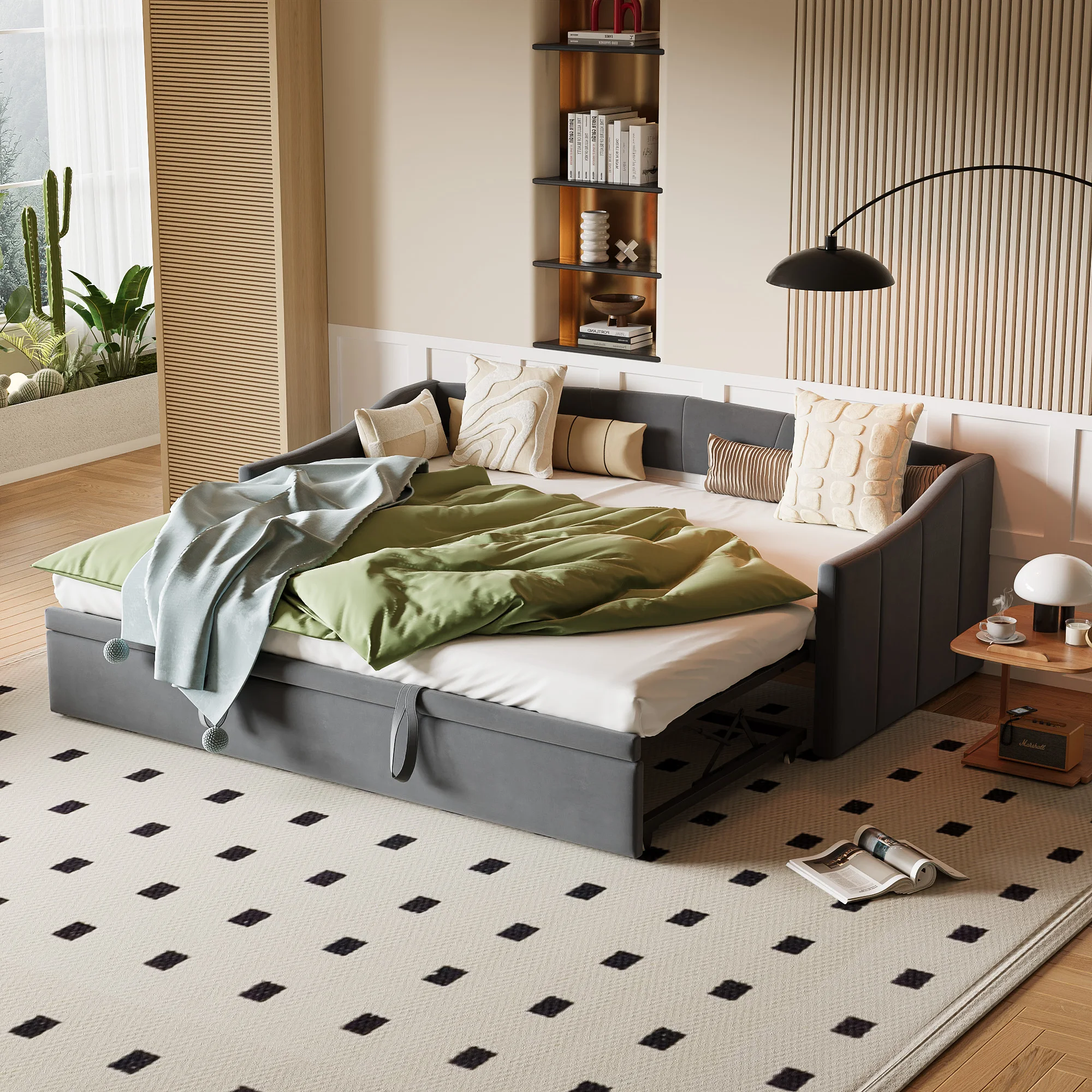 WOODENAURA 2-in-1-Schlafsofa, DAY-Betten, 90/180 x 200 cm, klappbares Schlafsofa, ausziehbares Bett, Samt, ohne Matratze