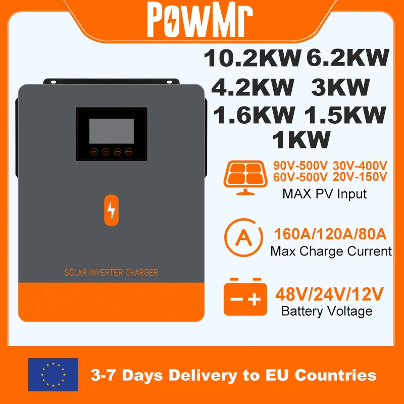 PowMr 10.2KW 6.2KW 4.2KW 3KW 1.6KW 1.5KW 1KW Hybrid-Solarwechselrichter 48V 24V 12V 220V Off-Grid-Wechselrichter MPPT 160A 120A 80A Ladegerät Image