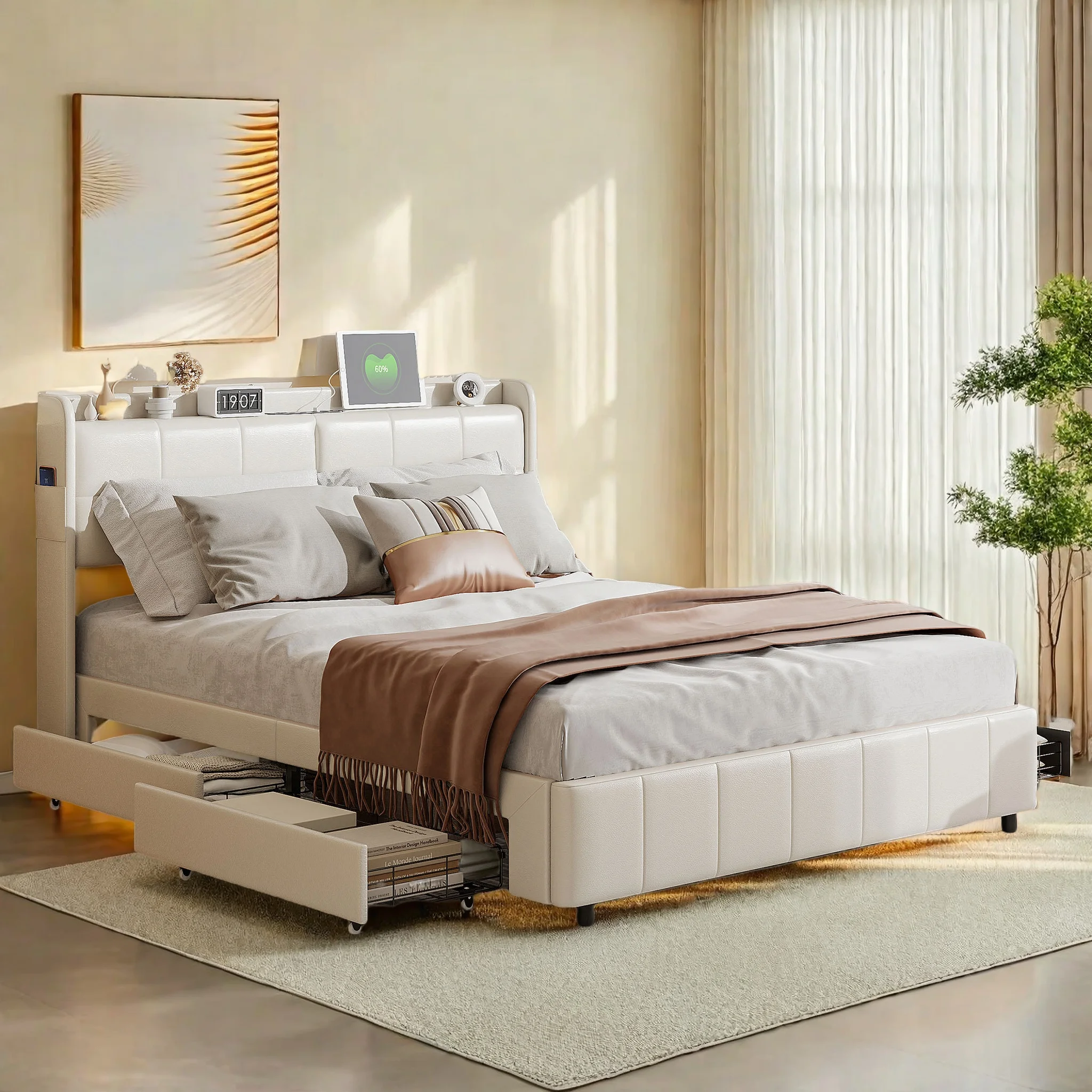 Superaly 160x200cm Polster-Doppelbett, Jugendbett, Bett mit Stauraum und Lattenrost, mit 4 Schubladen und USB-Ladefunktion, PU, Weiß Image