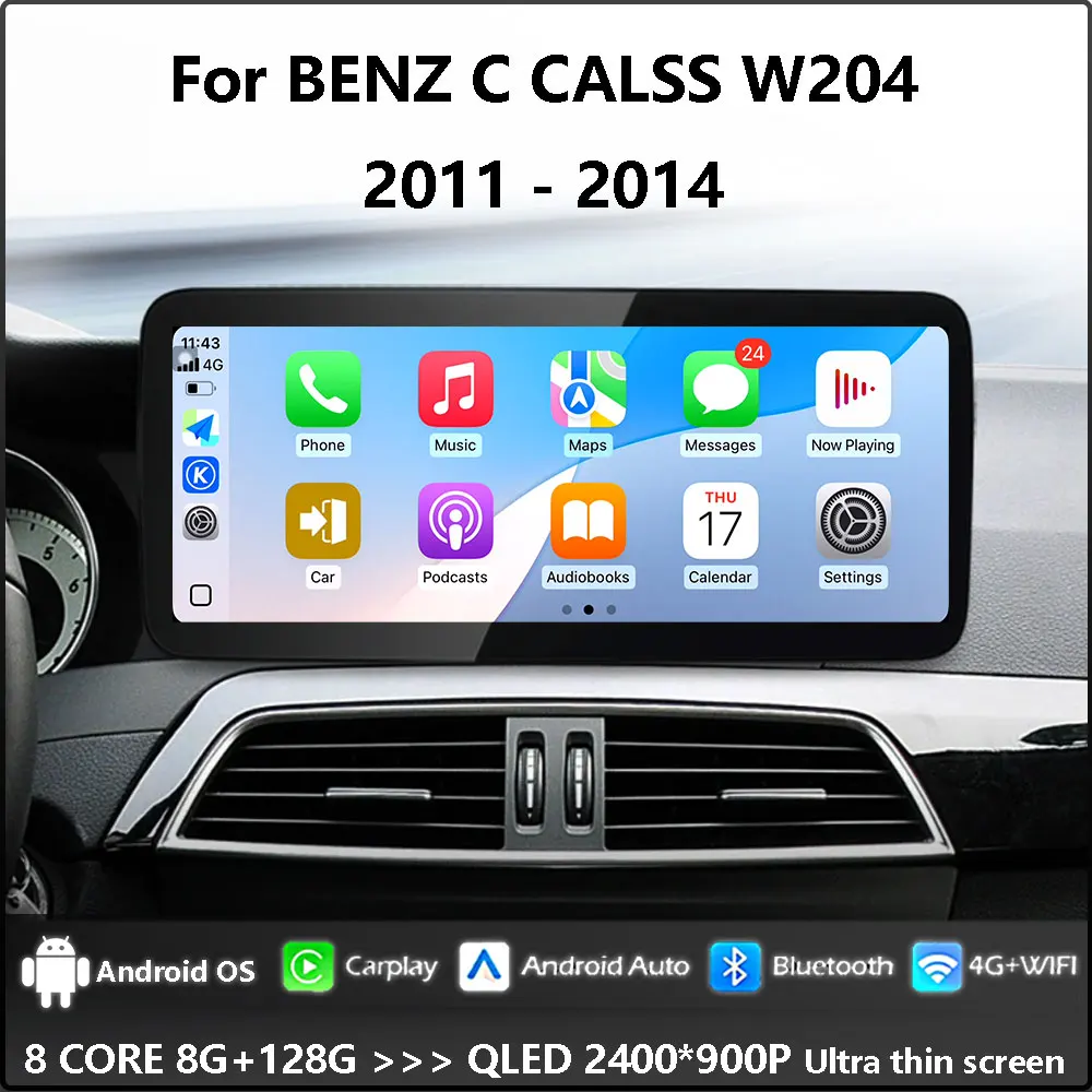 Android 16 Carplay QLED Ultra-dünner Bildschirm Auto-Multimedia-Radio-Player für BENZ C-KLASSE W204 2011 - 2014 Navi GPS BT Zubehör Image
