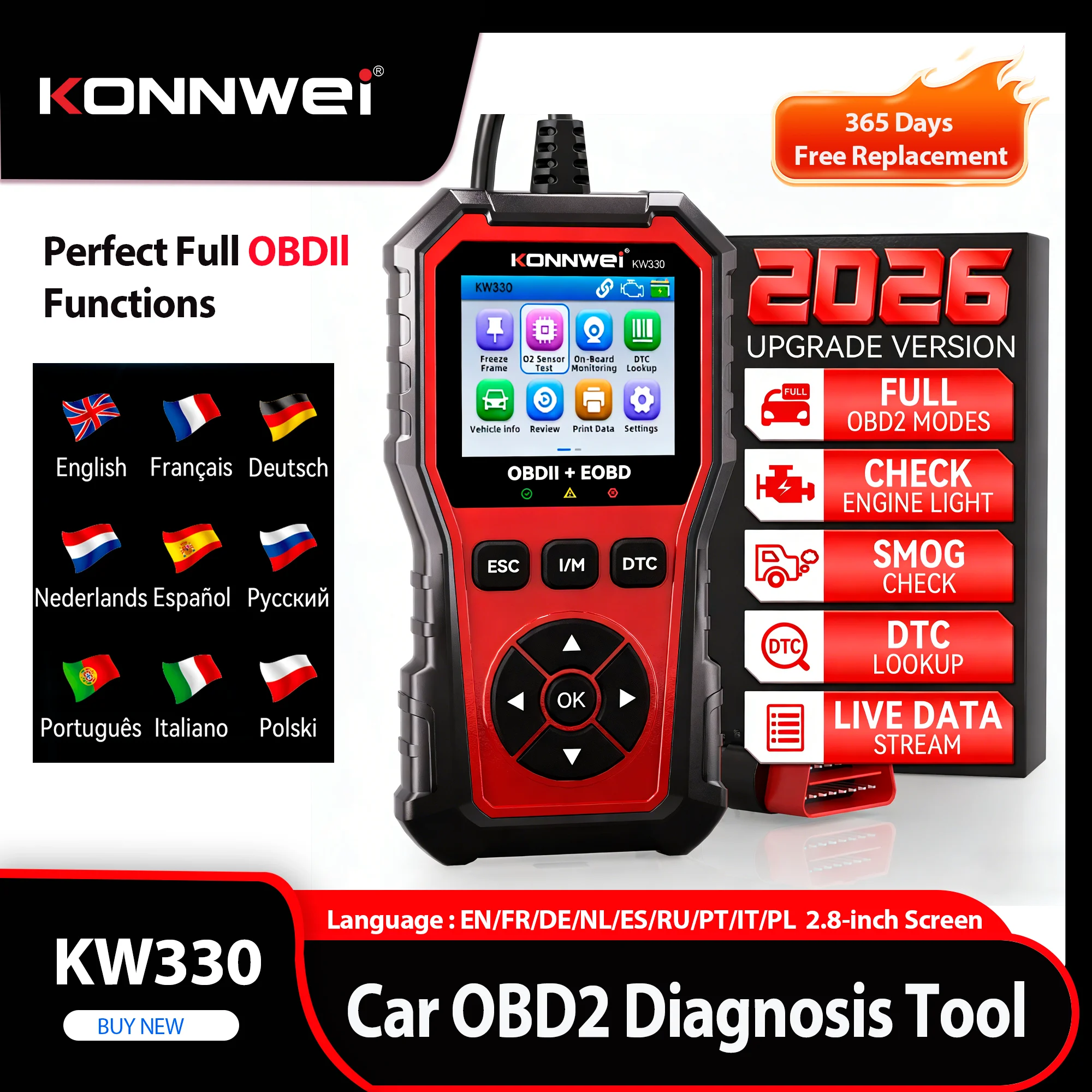 2026 KONNWEI KW330 Auto OBD2 Diagnosegerät Fehler-Scanner Motor-Batterietest DTC-Lookup Echtzeit-Datenströmung OBD-Inspektionswerkzeug Image