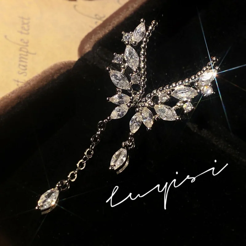 925 Sterling Silber Asymmetrische Kristallflügel-Tropfenohrringe für Damen, Modeschmuck, Statement-Ohrringe, Pendiente Image