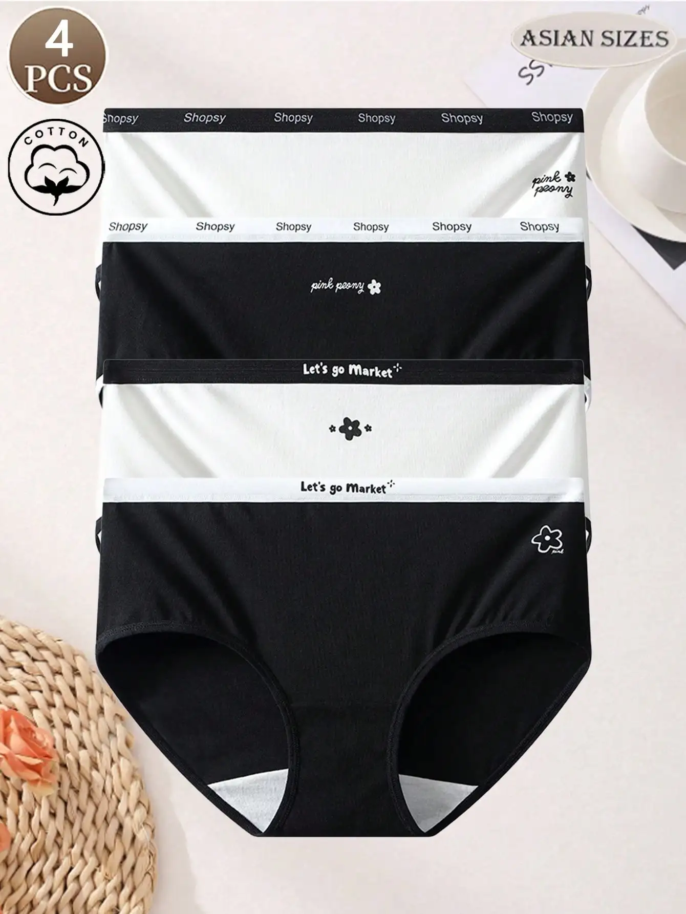 4 Stück Damen-Höschen mit einfachem Buchstaben- und Blumenmuster, bequeme Damenunterwäsche, lässige Sport-Baumwoll-Damen-Dreieckshosen Image