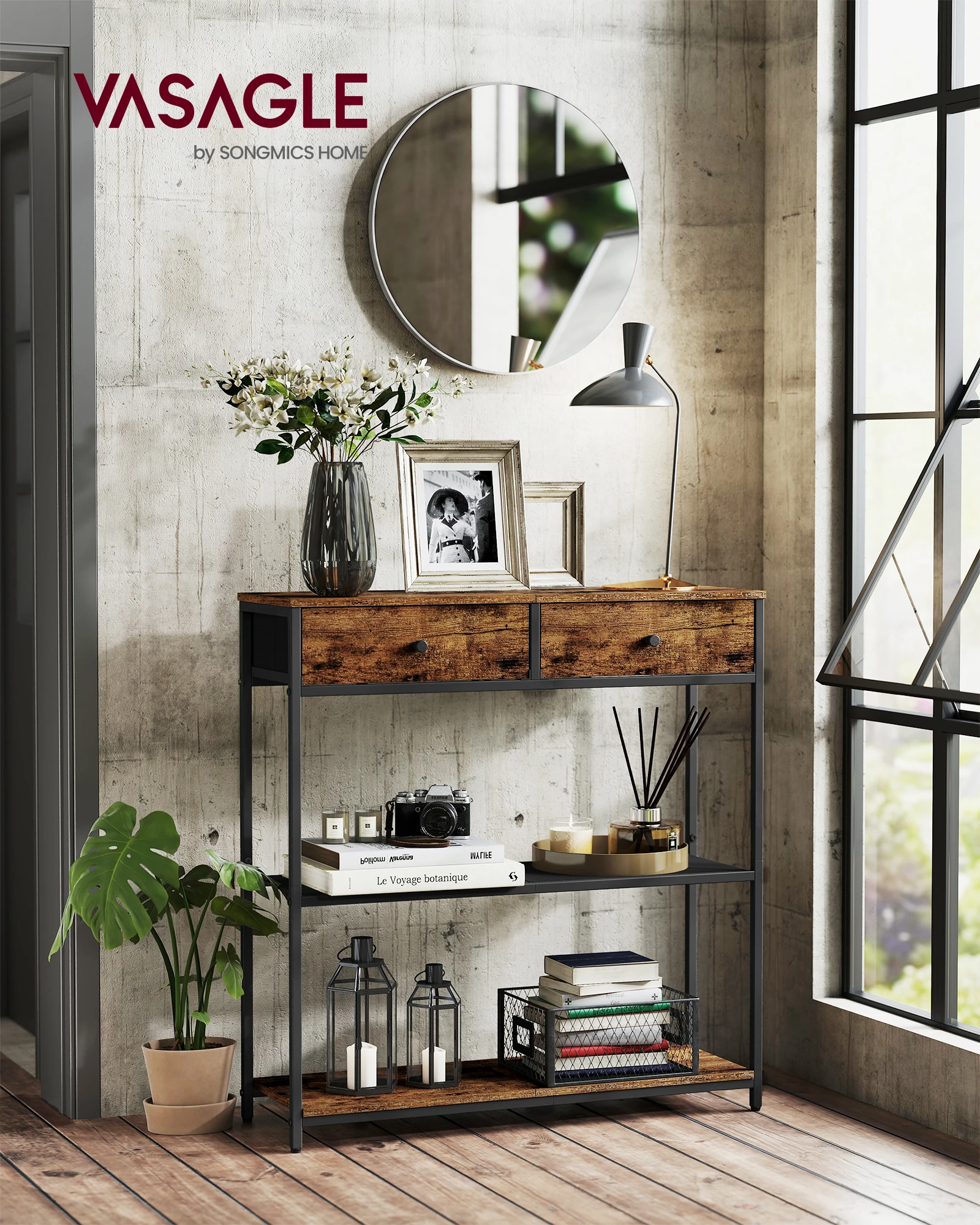 VASAGLE Konsolentisch schmal, Beistelltisch mit 2 Stoffschubladen, Flurtisch, 24 x 76 x 80 cm, für Flur, Wohnzimmer Image