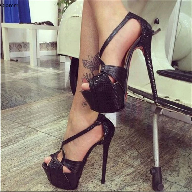 Olomm Neue Frauen Plattform Sandalen Stiletto High Heels Schlange Muster Peep Toe Elegante Schwarz Party Schuhe Damen UNS Plus Größe 5-15