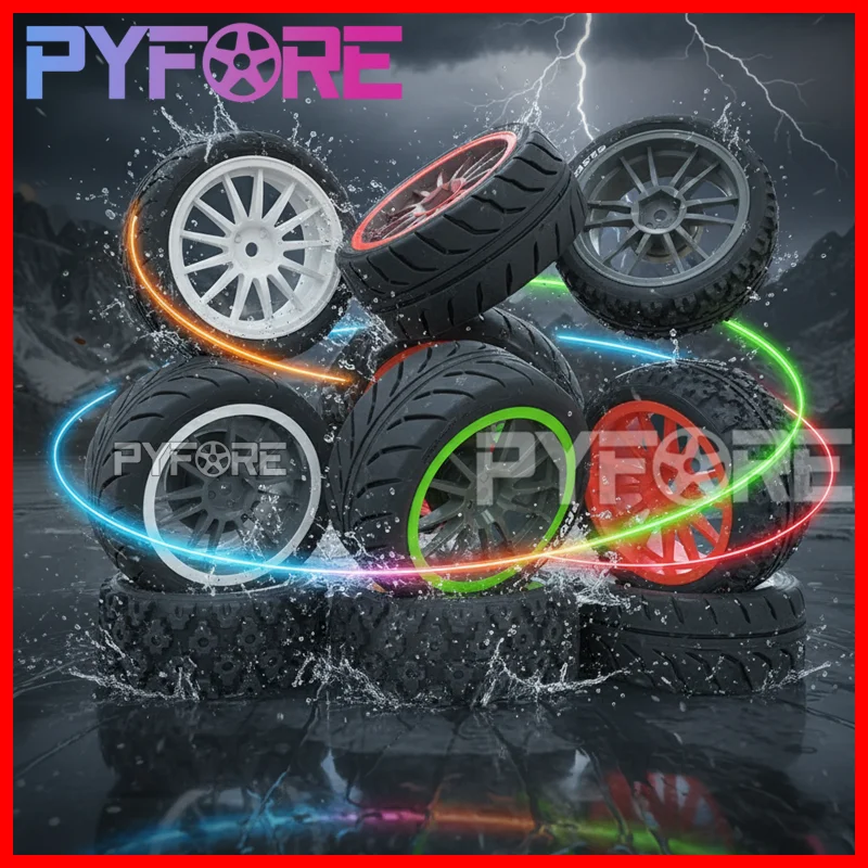 PYFORE 4 Stück RC-Reifen, 65–80 mm Außendurchmesser, mit 12 mm Sechskant-Nabenadapter, passend für 1/10 1/12 On-Road Rally-Modellauto-Räder