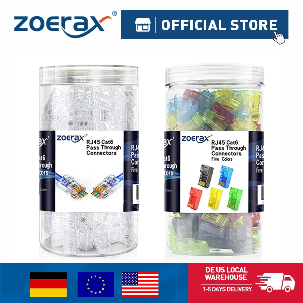 ZoeRax 200 Stück RJ45 Cat6 Durchgangsstecker FTP verschiedene Farben RJ45 Modularstecker für solides oder verseiltes UTP-Kabel Image