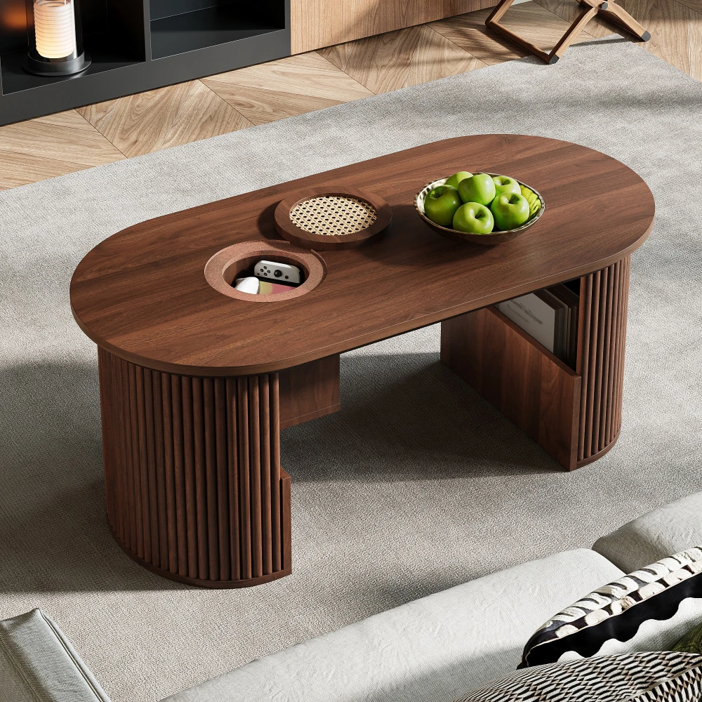 Retro-moderner Couchtisch mit vertikaler Textur, stilvoller Mid-Century-Wohnzimmertisch 105×50×46,5 cm, Wohnmöbel Image