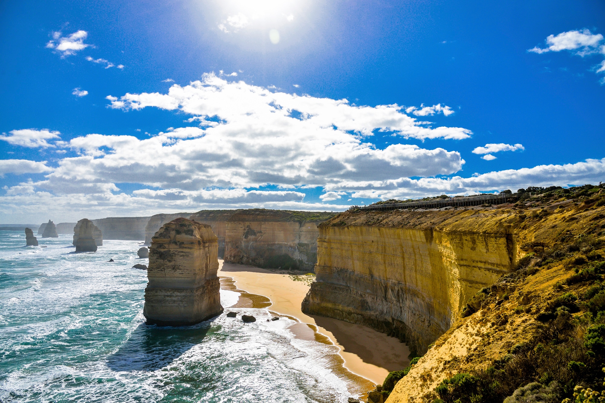 Fototapete PAPERMOON "GROßE OZEAN STRAßE-12 APOSTEL STRAND KÜSTE KLIPPEN MEER", bunt, B:3,5m L:2,6m, Vlies, Tapeten Image
