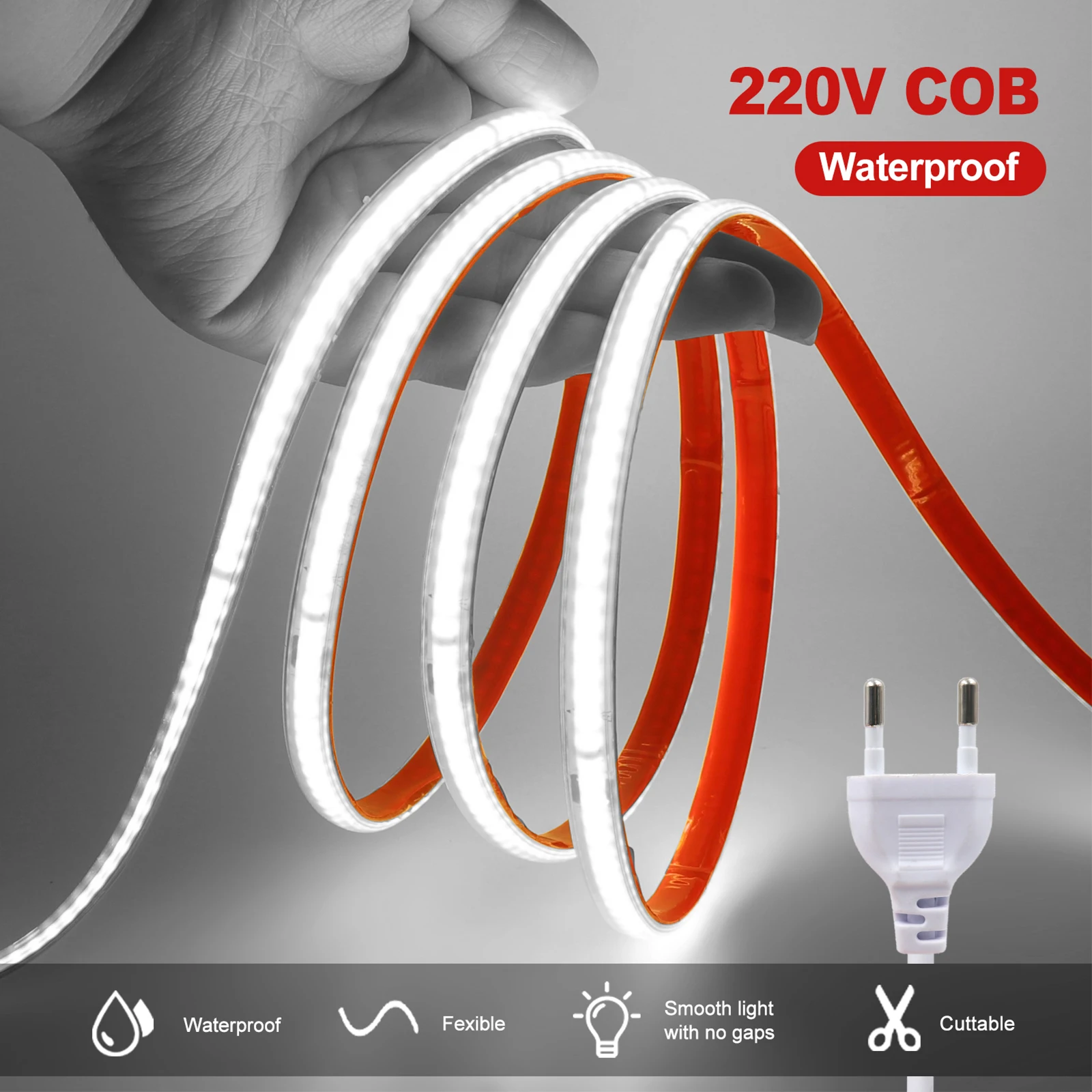 AC 220 V COB-Streifen, 10 cm, kann geschnitten werden, 240 LEDs/m, IP65, wasserdicht, 3000 K, 4000 K, 6000 K, Heimdekoration, flexibles Band, Seilband, LED-Licht Image
