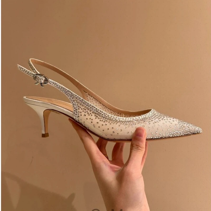 2025, Sommer Neue frauen Sandalen Wasser Diamant Helle Mesh High Heels Schuhe Elegante Slingback Spitz Schnalle Party Dame Schuhe