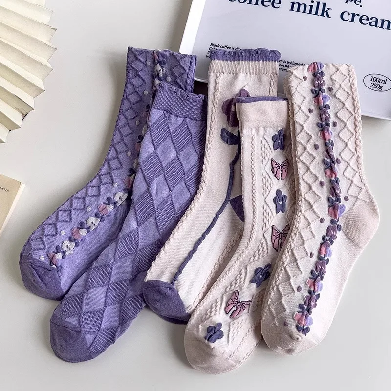 5 Paar elegante, schlichte, mittellange Damenstrümpfe, Retro-Frühlings- und Sommerstrümpfe mit lila Blumenmuster, modische Damensocken Image