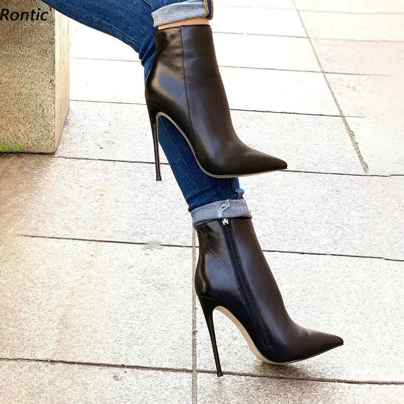 Rontic Damen Winter Stiefeletten Kunstleder Stiletto Heels Spitzschuh Elegante schwarze Nachtclub Schuhe Damen US Größe 5-15