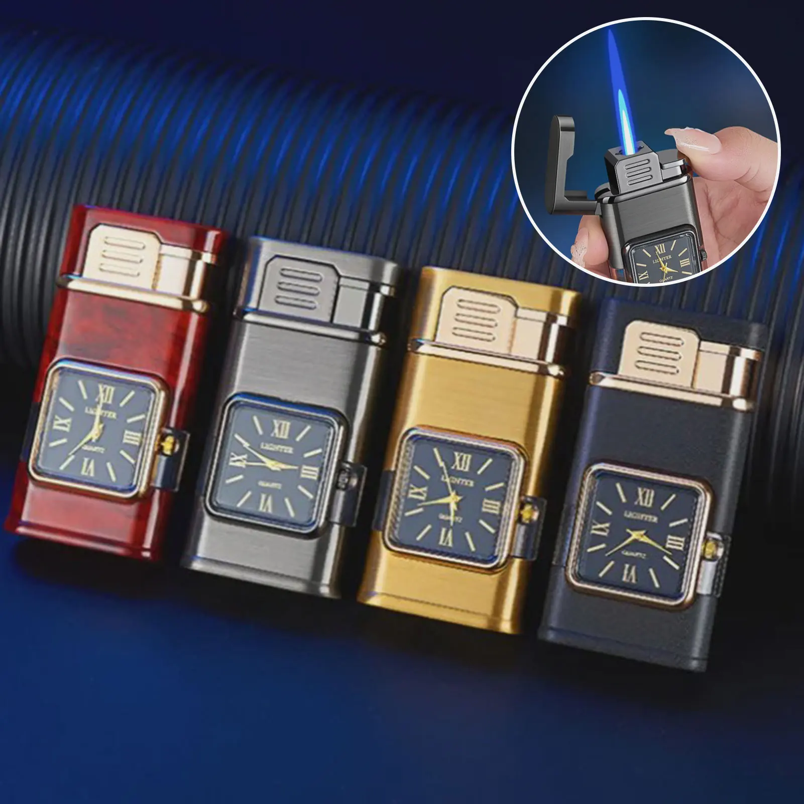 Hochwertiges, transparentes Uhrenfeuerzeug für Männer, tragbare Dual-Flammen-Butan-Feuerzeuge für Männer Image