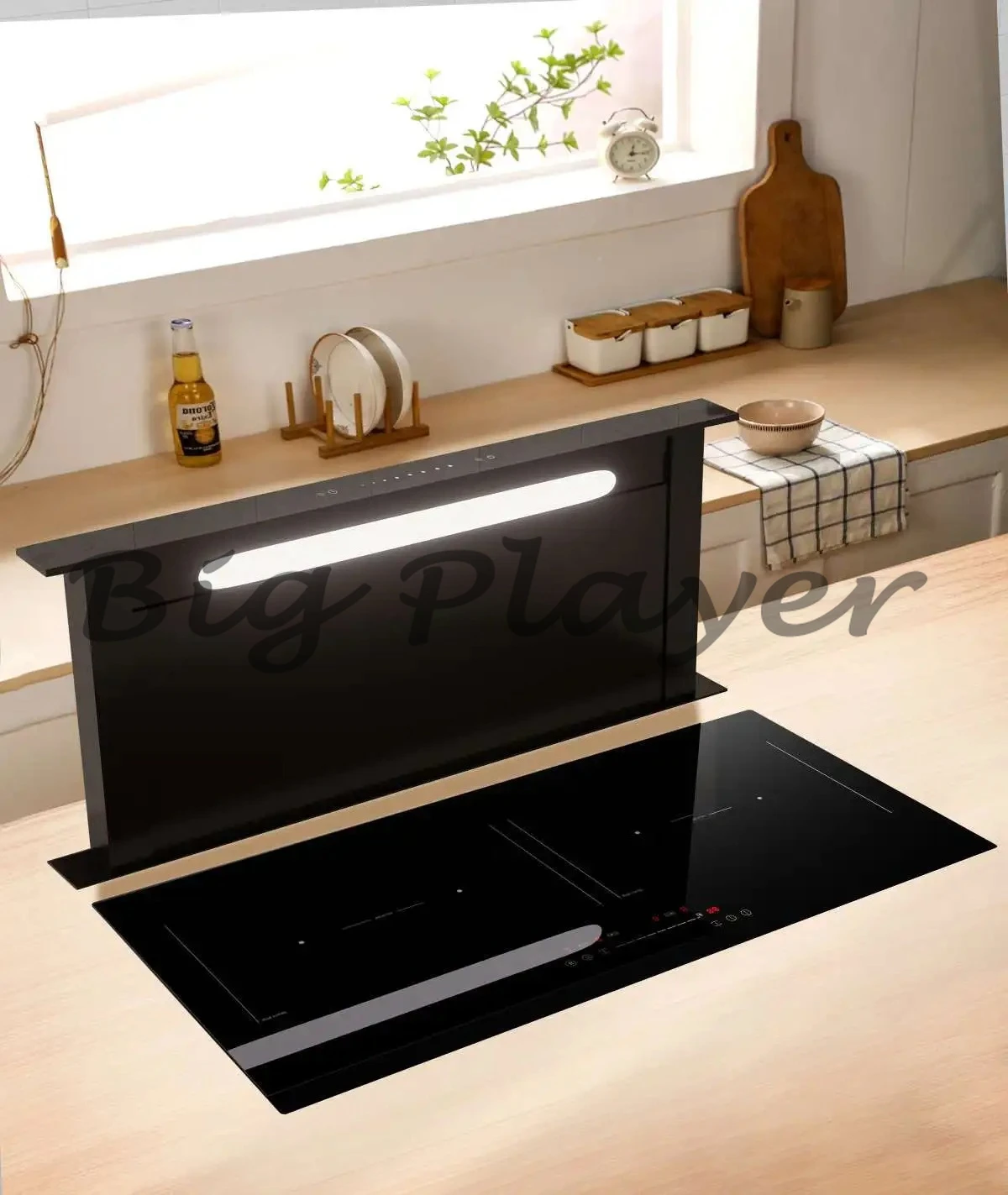 Italienische 90 cm ultradünne, ausziehbare Downdraft-Dunstabzugshaube, automatisch anhebbare, belüftete Küchenhaube mit schlanker Installation Image