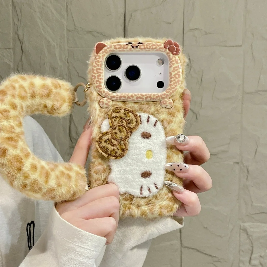 Cartoon Plüsch Leopardenmuster Sanrio Hello Kitty Flauschige Handgelenkschlaufen-Hülle für iPhone Air 17 16 15 14 13 12 11 Pro Max Plus Cover Image