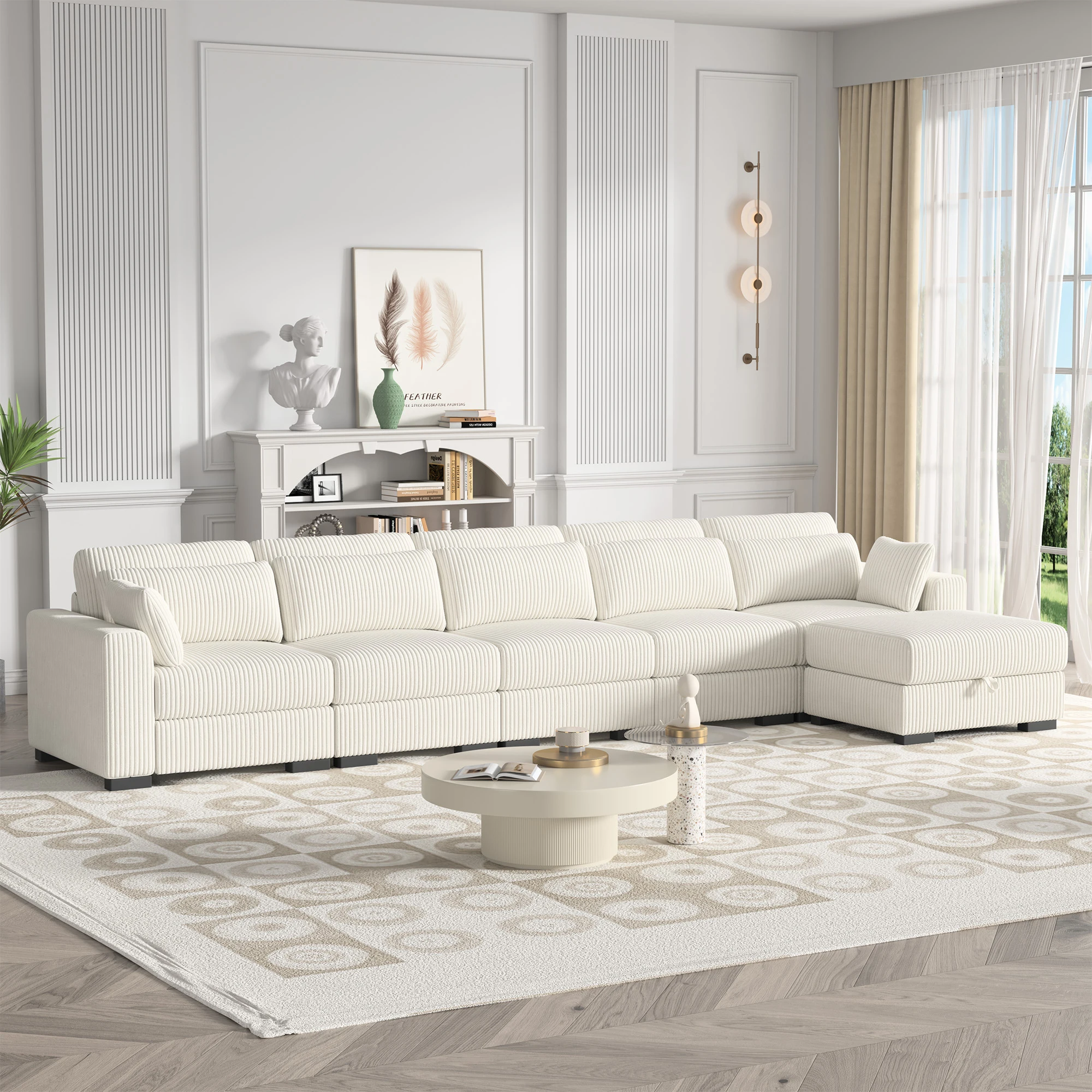 5-Sitzer-Modulsofa aus Cord mit Stauraum im Fußhocker, modernes Ecksofa mit gepolsterten Armlehnen und Rückenlehne für Wohnzimmer, Schlafzimmer, Büro