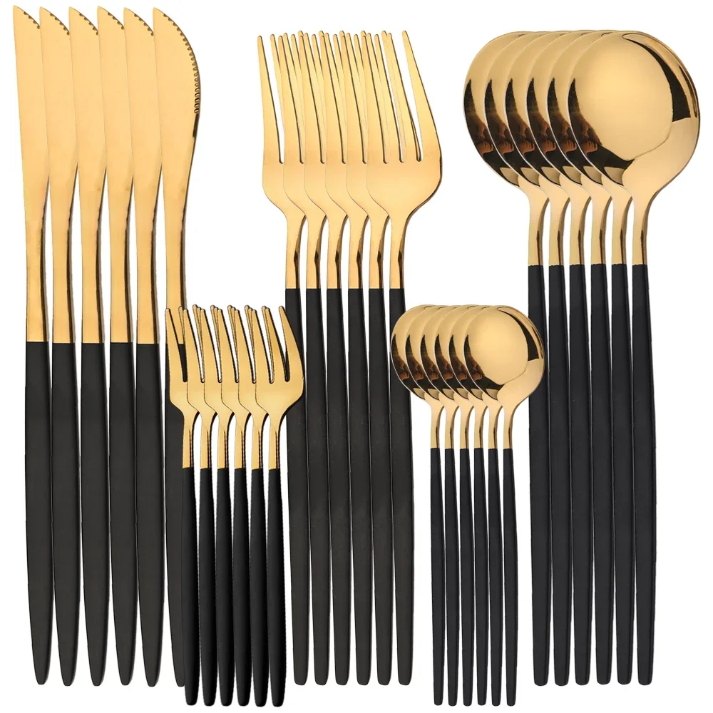 30-teiliges goldenes Besteckset aus Edelstahl, Messer, Teegabel, Kaffeelöffel, spülmaschinenfest Image