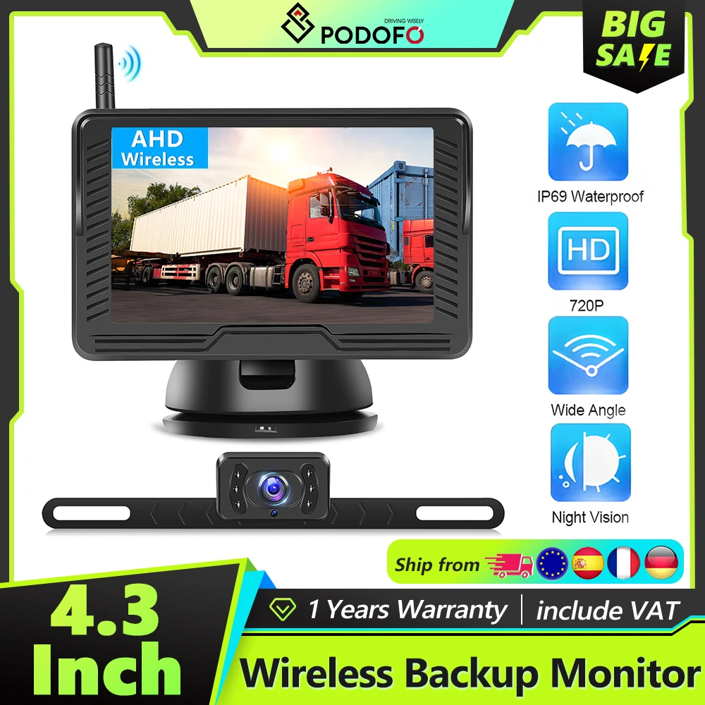 Podofo 4,3 Zoll wasserdichter Auto-Monitor LCD IPS-Bildschirm Rückfahrkamera Drahtlose Rückfahrkamera Anti-Interferenz Große Reichweite IP69