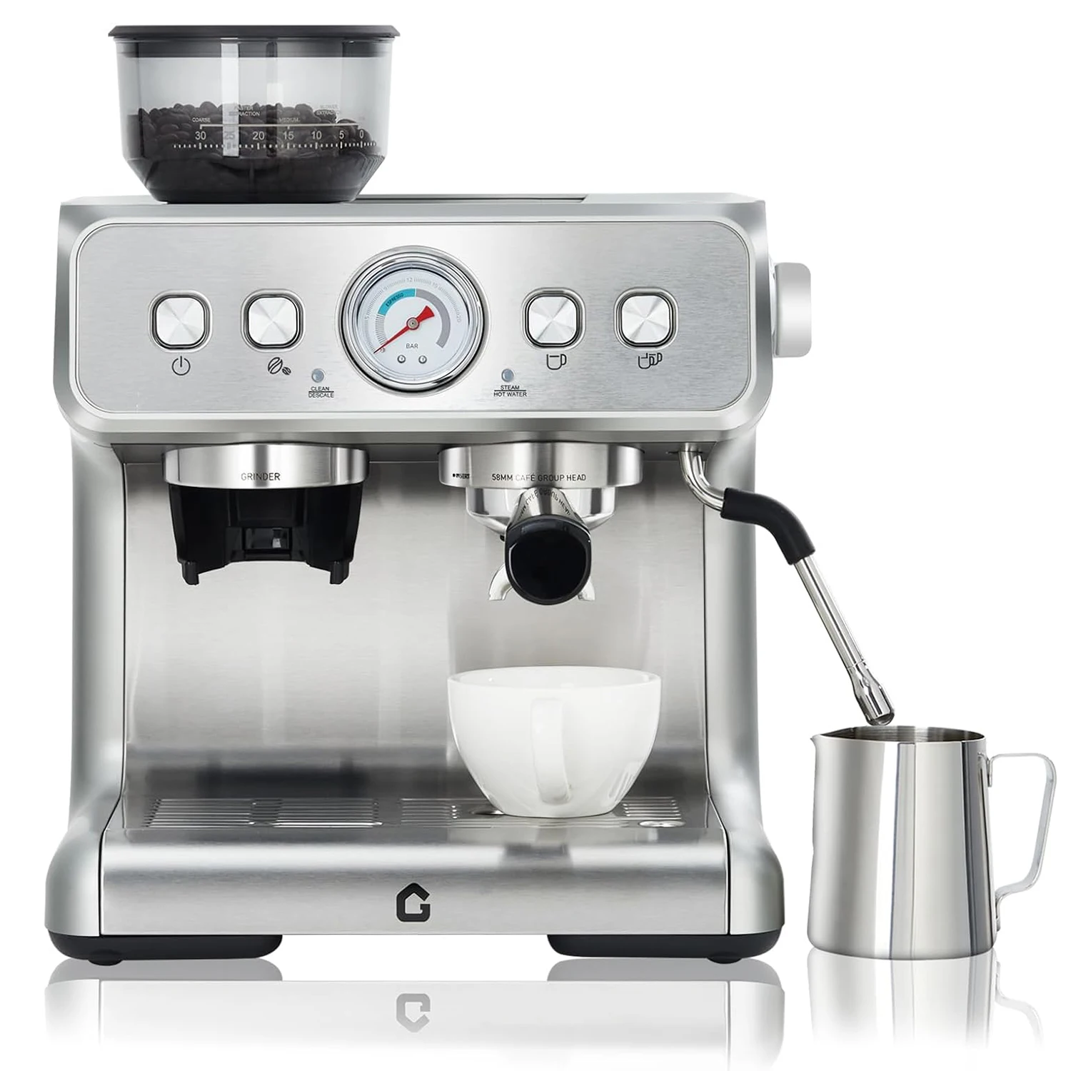 Espressomaschine mit integrierter Mahlwerk und Milchaufschäumer, 15 bar halbautomatisch, Edelstahl – für Barista-Qualität Image