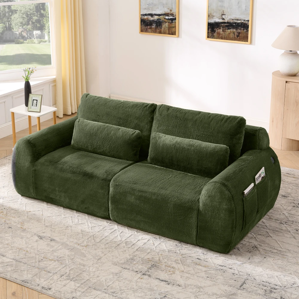 2-Sitzer Loveseat-Sofa mit Weichem Kaninchenfell-Bezug, Hochelastischen Kissen, USB-Anschluss & Seitlicher Zeitschriftentasche, Kompaktes Sofa Image