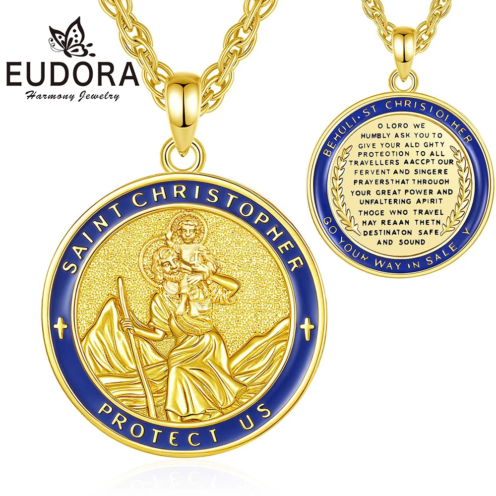 Eudora Kupfer Heiliger Christophorus Halskette 18K Vergoldet Katholisches Medaillon Kreuzanhänger Religiöser Schmuck für Männer Frauen Image