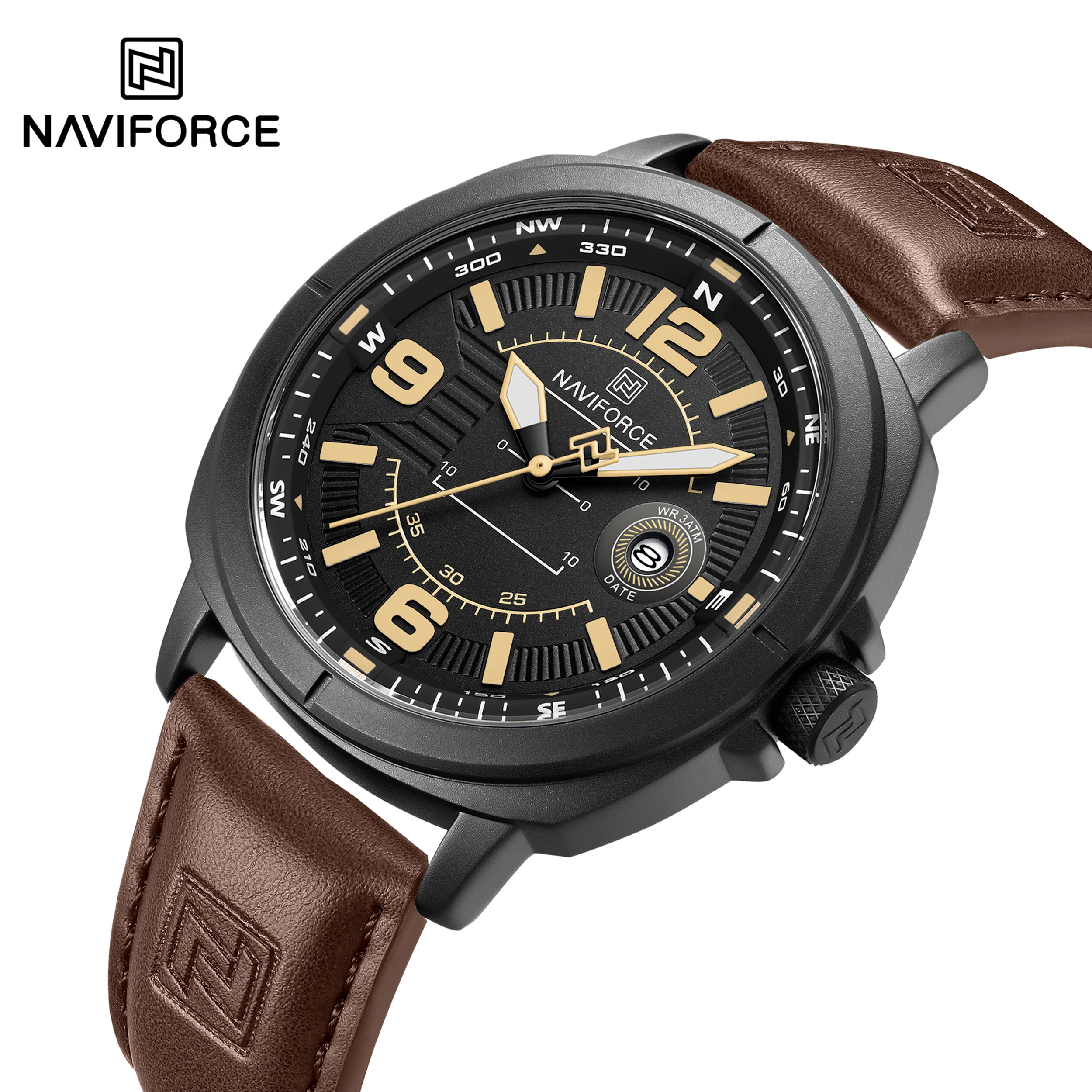 NAVIFORCE NF8078 Herrenmode Quarzuhren 3ATM Wasserdicht Leuchtanzeige Klassisches Kompass Zifferblatt PU Atmungsaktive Armbanduhren Image