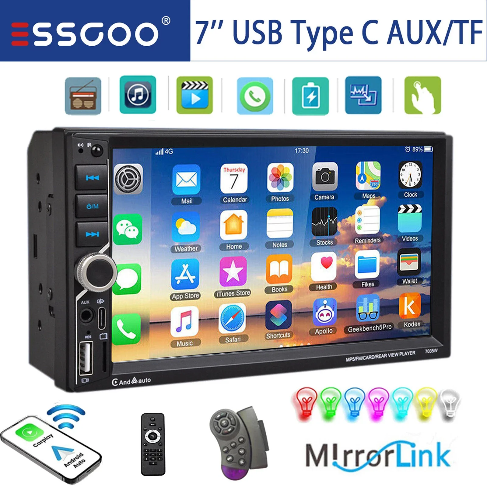 ESSGOO 7-Zoll Doppel-DIN Universelles Autoradio mit Wireless Carplay, Android Auto, Bluetooth, USB, AUX, TF, EQ, Mirror Link, SWC, Typ-C Image