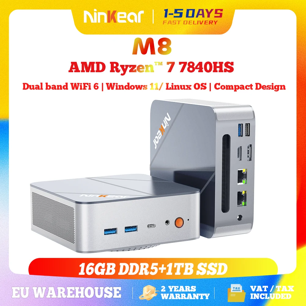 Ninkear M8 Mini-PC AMD 7840HS Bis zu 5,1 GHz 16GB DDR5 1TB SSD 2,5G+WiFi 6 HDMI DP Multifunktionale Schnittstelle Windows 11 Computer