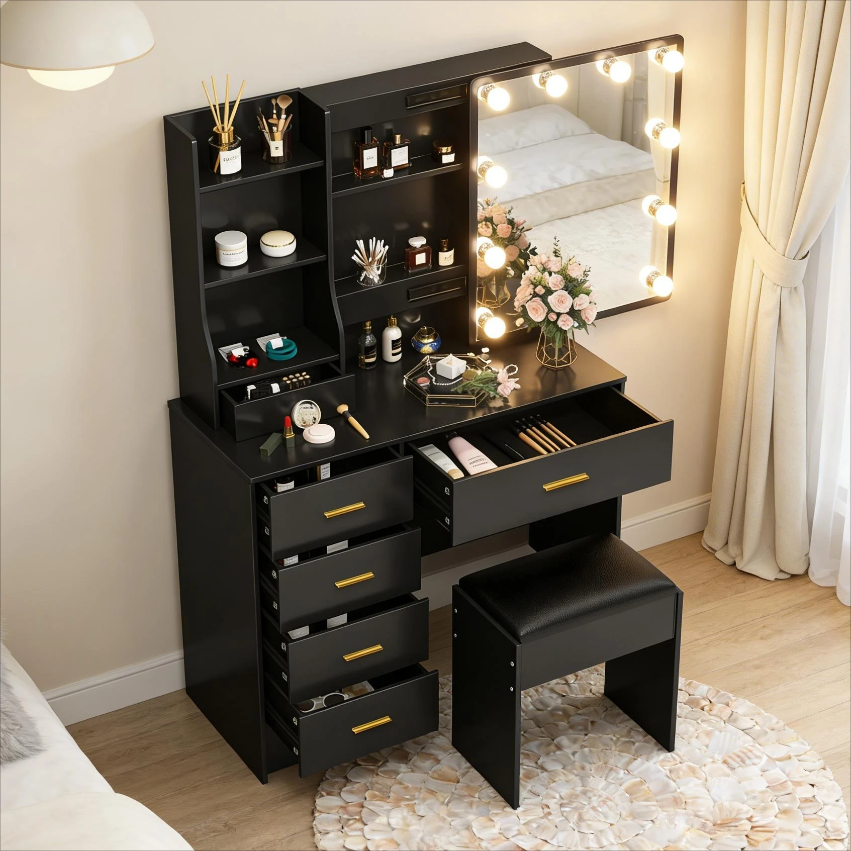 Teousev NEUER Schminktisch & Hocker Set Frisiertisch mit Schiebespiegel und 10 LED 3-Farben-Beleuchtungsspiegel Einfach zu installierender Schminktisch Image