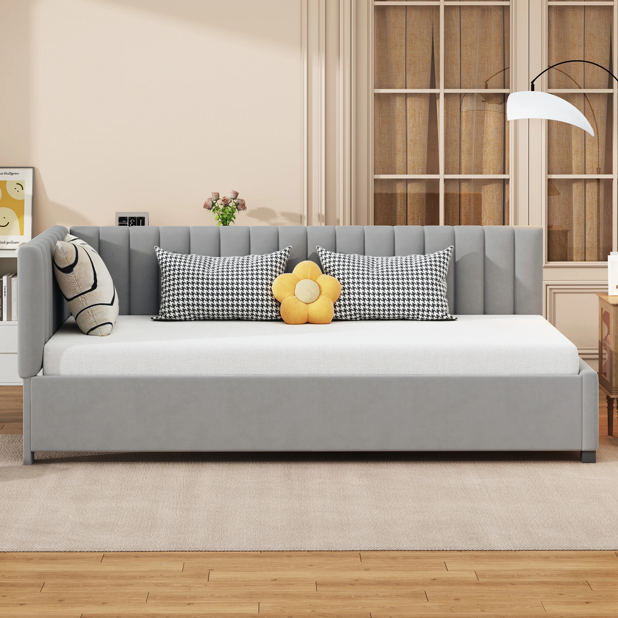 KOMHTOM Multifunktions Polsterbett Sofabett 90x200 cm aus hautfreundlichem Samtstoff mit Lattenrost Image